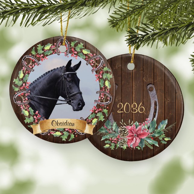Custom Horse Photo Rustic Wood Christmas Ceramic Tree Decoration (Creator Uploaded)