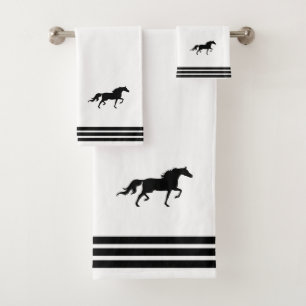 Custom Horse & Three Black Stripes on White Bath Towel Set