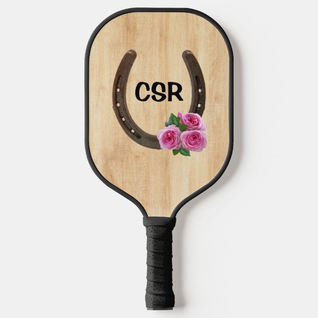 Custom Horseshoe with Roses & Monogram Pickleball Paddle (Front)