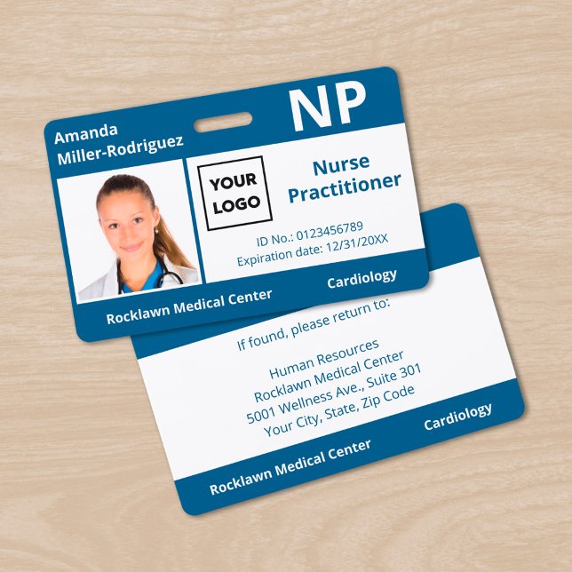 Custom Hospital Employee Logo Blue White Photo ID Badge (Custom Hospital Employee Logo Blue White Photo ID Badge, front/back)