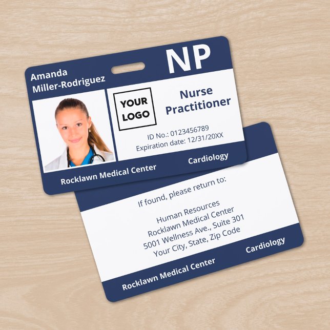 Custom Hospital Employee Logo Navy Blue Photo ID Badge (Custom Hospital Employee Logo Navy Blue Photo ID Badge, front/back)