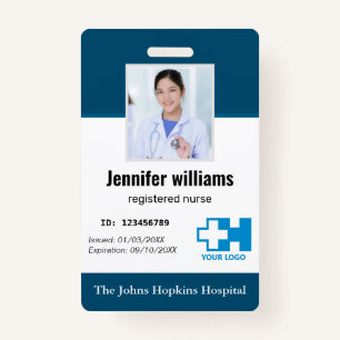 Custom Hospital Employee Logo & Photo navy blue ID ID Badge