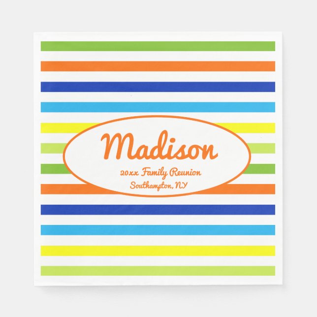 Custom Hot Orange Modern Stripes Family Reunion Napkin (Front)