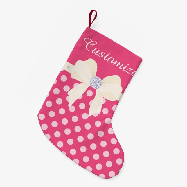 Custom Hot Pink Dotted w/Cream Bow & Diamonds Small Christmas Stocking (Front (Hanging))