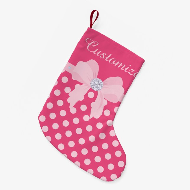 Custom Hot Pink Dotted w/Pink Bow & Diamonds Small Christmas Stocking (Front (Hanging))