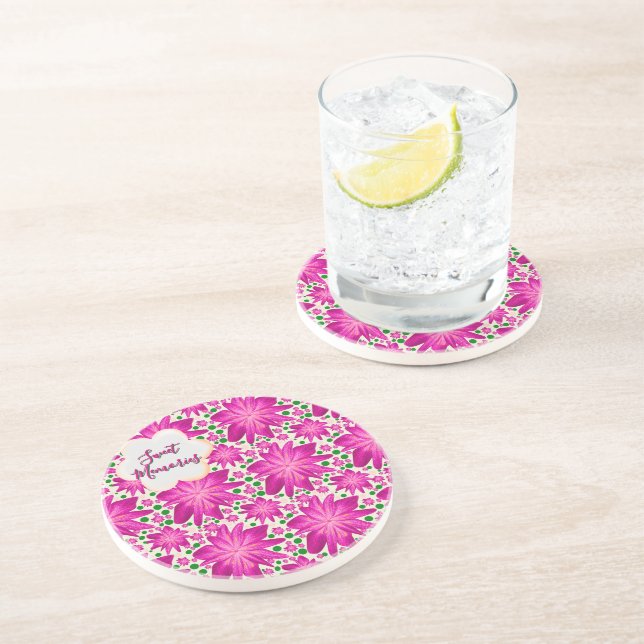 Custom Hot Pink Floral Seamless Pattern  Coaster (Side)