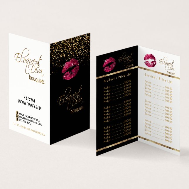 Custom Hot Pink & Gold Confetti Price & Service Business Card (Inside and Outside)