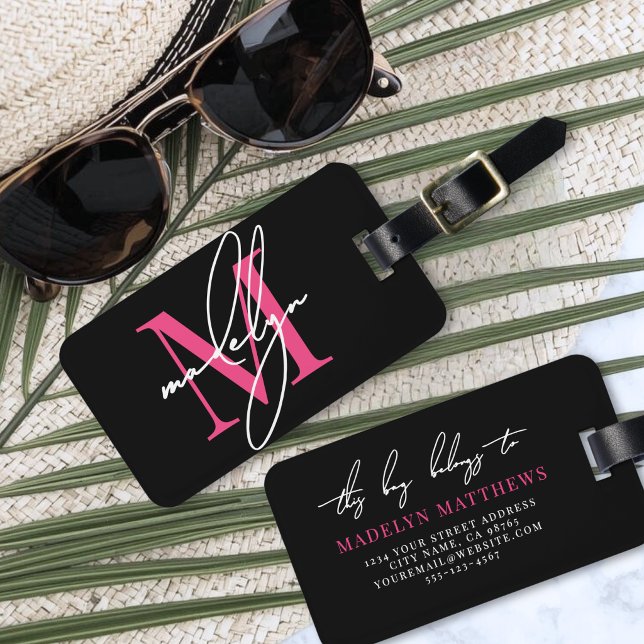 Custom Hot Pink Initial Name Monogram Luggage Tag (Custom Traveler Pink Initial Name Monogram Luggage Tag )