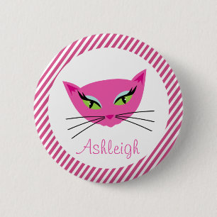 Custom Hot Pink Kitty with Stripes 6 Cm Round Badge