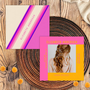 Custom Hot Pink Orange Retro Stripes 70s, 80s Square Business Card