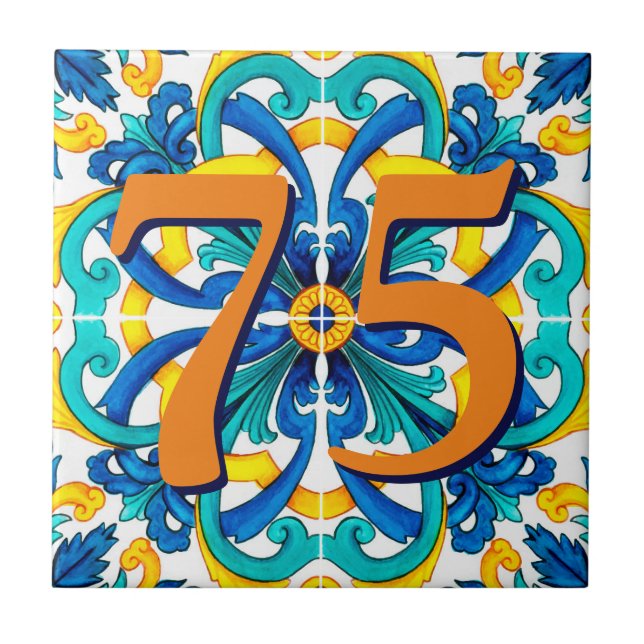 Custom House Number Floral Sicilian Ceramic Tile (Front)