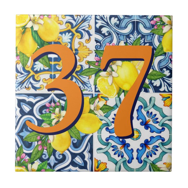 Custom House Number Floral Sicilian Lemon Tile (Front)