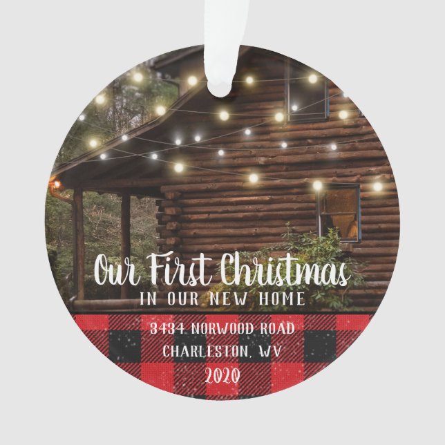 Custom House Photo First Xmas New Home Family Name Ornament (Front)