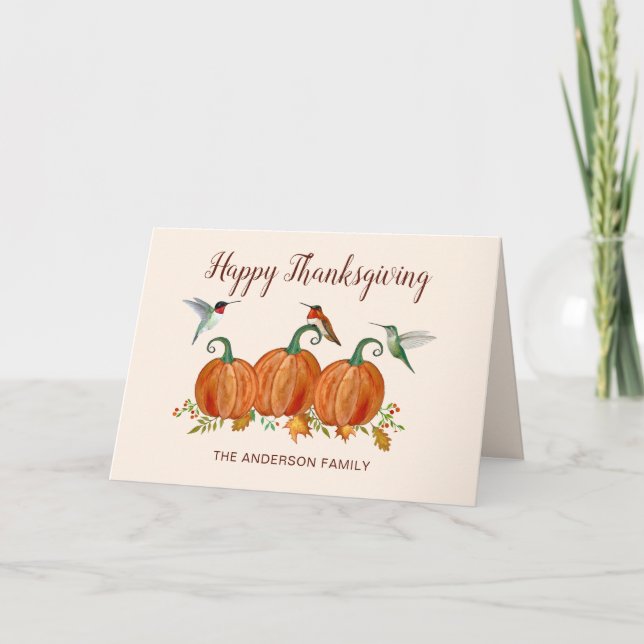 Custom Hummingbirds and Pumpkin Thanksgiving Holiday Card (Front)