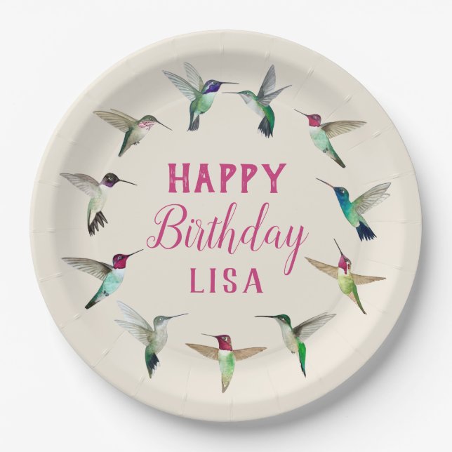 Custom Hummingbirds Happy Birthday Paper Plate (Front)