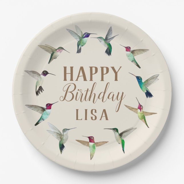Custom Hummingbirds Happy Birthday Paper Plates (Front)