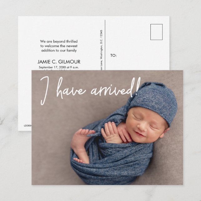 Custom I have arrived Baby Photo Thank you Announcement Postcard (Front/Back)