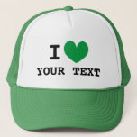 Custom I HEART trucker hat with green love icon<br><div class="desc">Custom I HEART trucker hat with green love icon. Make your own personalised cap with this blank template. Custom colour heart with black typography.</div>