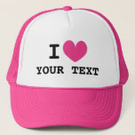Custom I HEART trucker hat with pink love icon<br><div class="desc">Custom I HEART trucker hat with pink love icon. Make your own personalised cap with this blank template. Custom colour heart with black typography.</div>