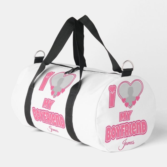 Custom I Love My Boyfriend – Add Photo & Name Duffle Bag (Left Corner)