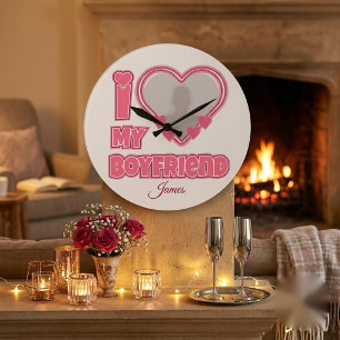 Custom I Love My Boyfriend – Add Photo & Name Large Clock