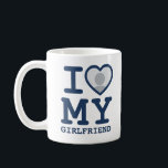 Custom I love my girlfriend photo text Coffee Mug<br><div class="desc">Create your own navy blue I Love My Girlfriend custom Photo and Text mug with this modern and funny shirt template featuring a cool slab serif font and girlfriend photo into a huge red heart. Add your own photo, your name or any personalised text. The "I love My Girlfriend" mugs...</div>