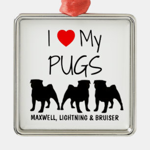 Custom I Love My Three Pugs Metal Tree Decoration