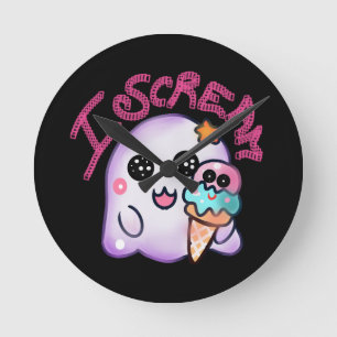 Custom "I Scream" Ghost with Ice Cream Cone Art Round Clock