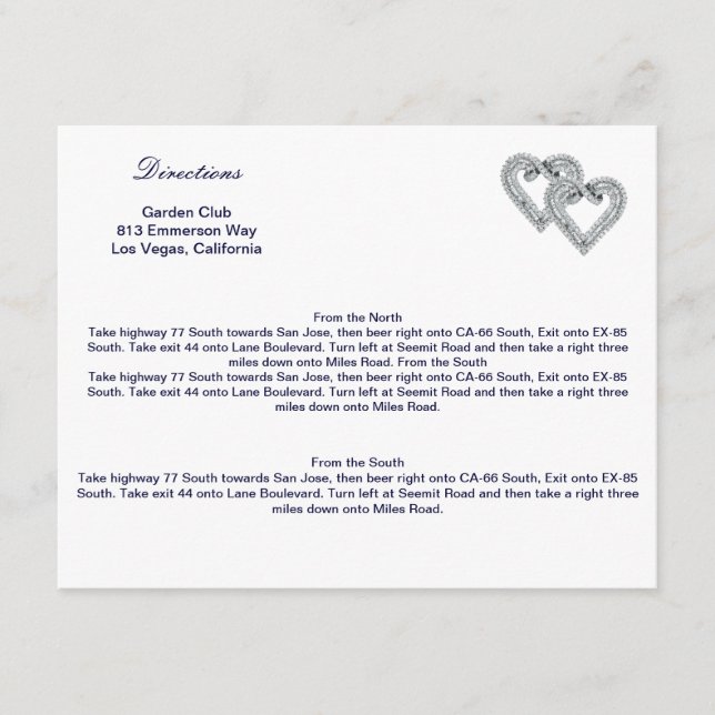 Custom Ice Blue Hearts Direction Card (Front)