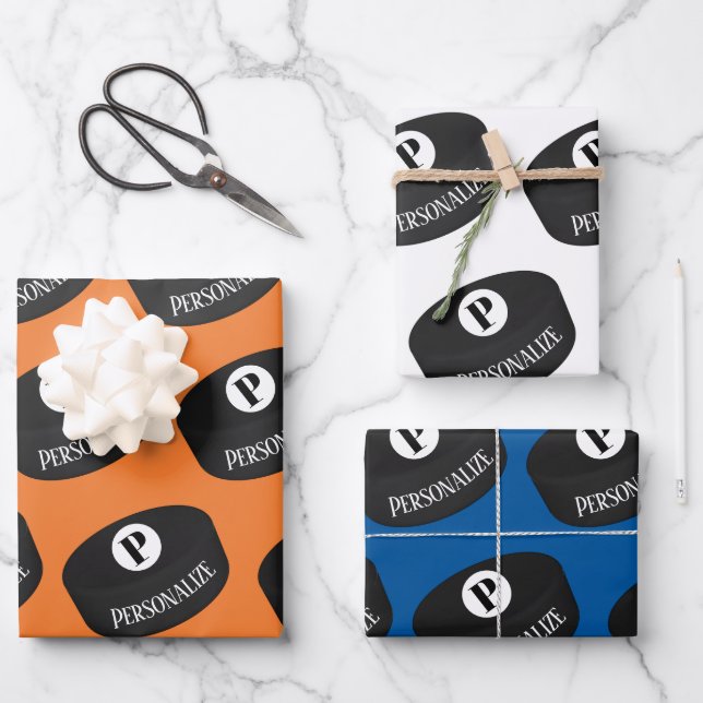Custom Ice Hockey Name Monogram Puck Wrapping Paper Sheet (Front)