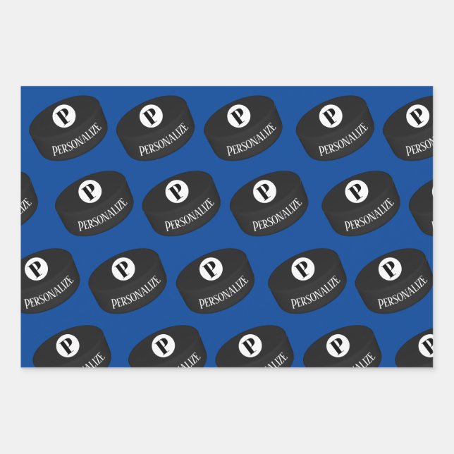 Custom Ice Hockey Name Monogram Puck Wrapping Paper Sheet (Front)
