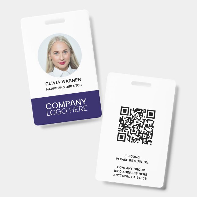 Custom ID Employee Photo QR CODE LOGO NAVY BLUE Badge (Front & Back)