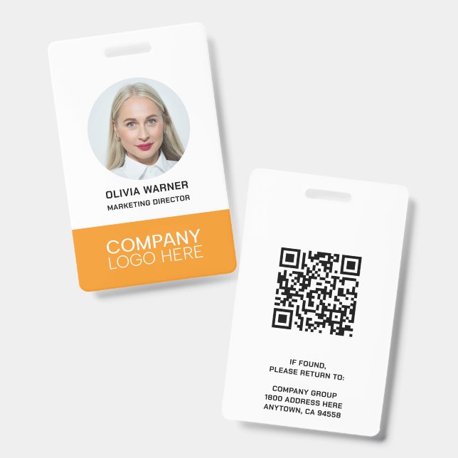 Custom ID Employee Photo QR CODE LOGO ORANGE Badge (Front & Back)