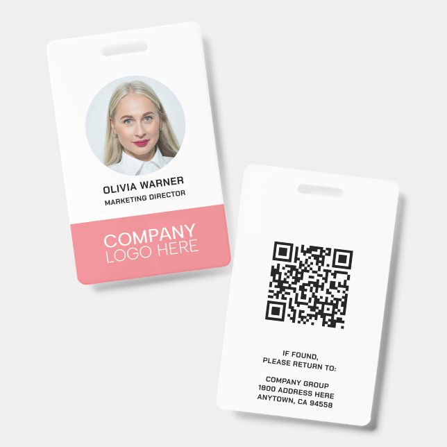 Custom ID Employee Photo QR CODE LOGO PINK Badge (Front & Back)