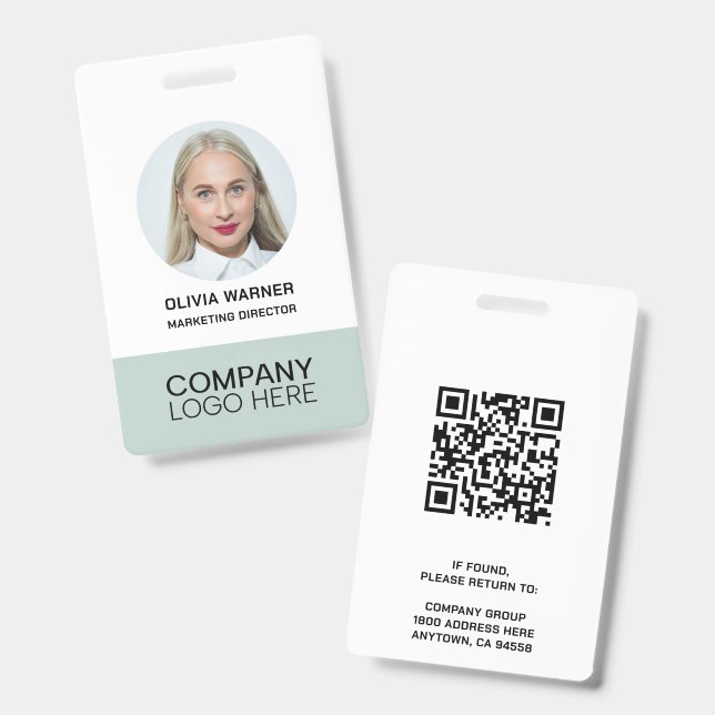 Custom ID Employee Photo QR CODE LOGO SAGE GREEN Badge (Front & Back)