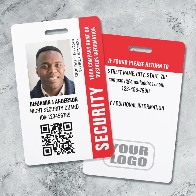 Custom ID Security Guard QR Code Photo Name Red Badge | Zazzle