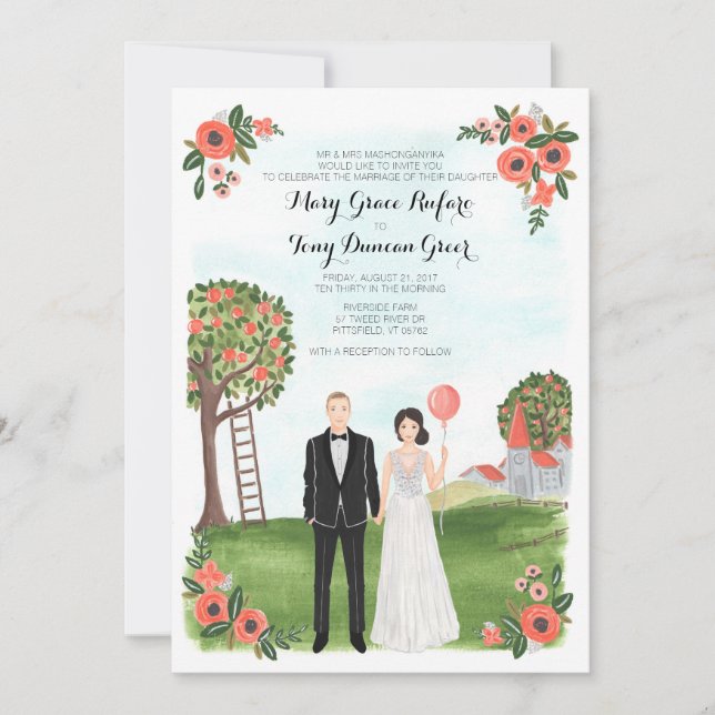 Custom Illustrated Couple Portrait Farm Wedding Invitation (Front)