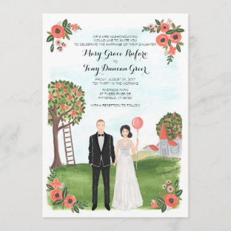 Custom Illustrated Couple Portrait Farm Wedding Invitation