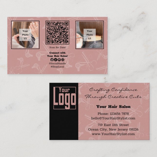 Custom Image Pink Hair Salon QR Code Social  Business Card (Front/Back)