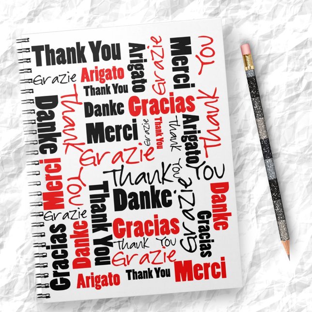 Custom Image Red Black Thank You Word Cloud Notebook (multilingual typography front notebook cover)