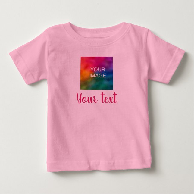Custom Image & Script Text Pink Template Trendy Baby T-Shirt (Front)