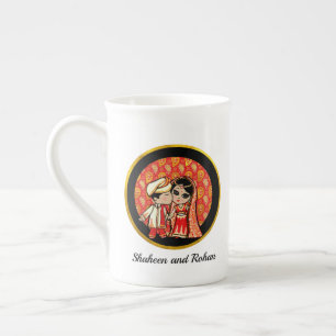 Custom Indian Cartoon Wedding Couple Husband Wife Bone China Mug