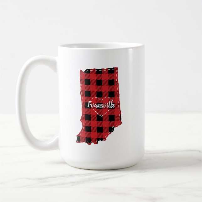 Custom Indiana Home State Buffalo Plaid Christmas Coffee Mug (Left)