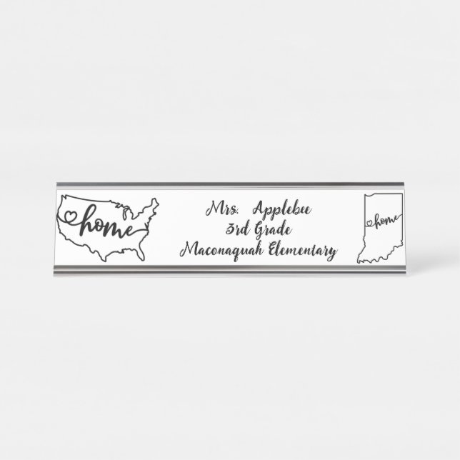 Custom Indiana State US Home Line Art Desk Name Plate (Front)