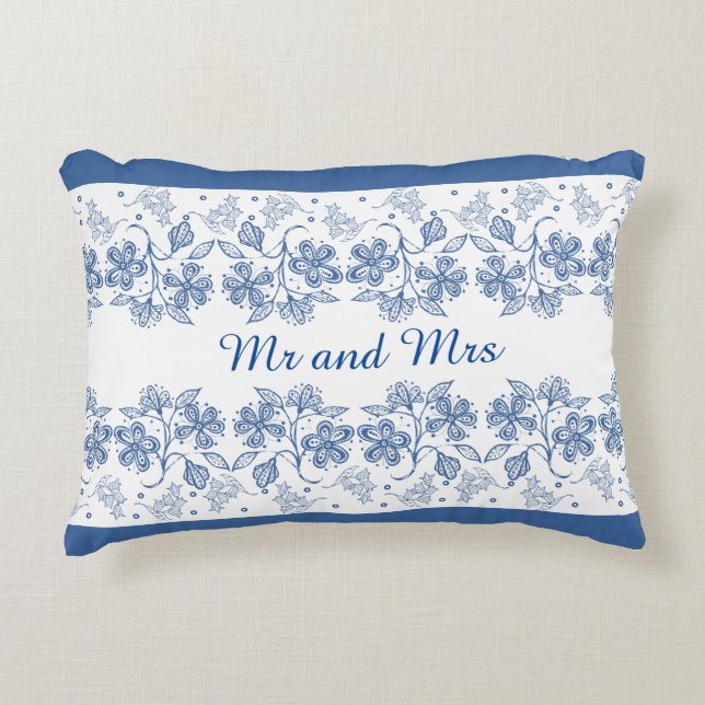 Custom Indigo Blue Floral Border Accent Pillow (Front)