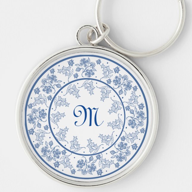 Custom Indigo Blue Floral Border Round Keychain (Front)