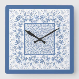 Custom Indigo Blue Floral Border Square Clock