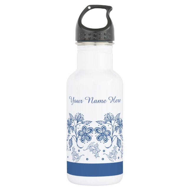 Custom Indigo Blue Floral Border Water Bottle (Front)