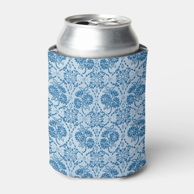 Custom Indigo Blue Floral Faux Lace Pattern Can Cooler (Can Front)