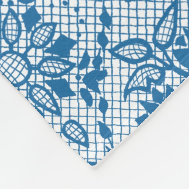 Custom Indigo Blue Floral Faux Lace Pattern Fleece Blanket (Corner)